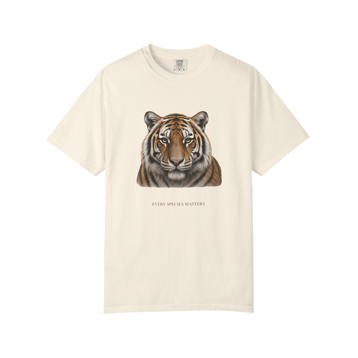 An off-white short-sleeve crewneck t-shirt featuring a detailed graphic of a tiger's face on the chest, with the text 'EVERY SPECIES MATTERS' printed below the graphic.