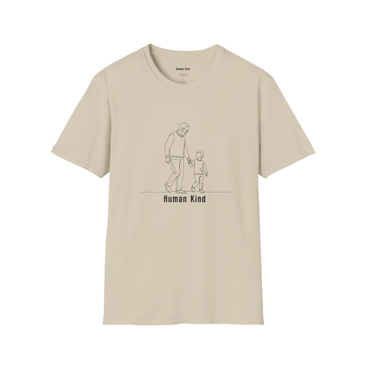 A beige crewneck t-shirt with a minimalist black line art graphic of an adult and child holding hands, with the text 'Human Kind' printed below. The shirt is displayed flat against a solid white background.