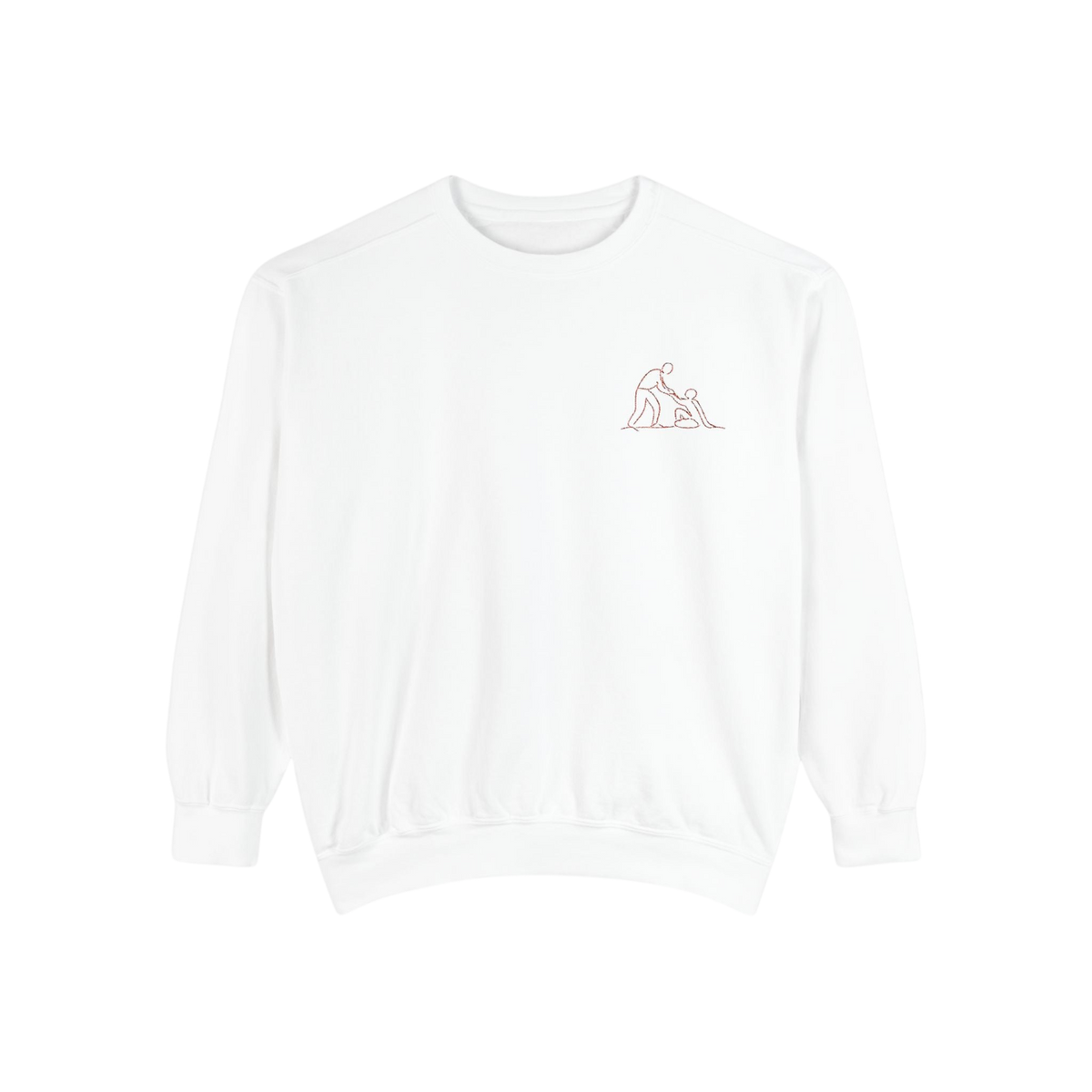 A white crewneck sweatshirt with a small light pink line art graphic on the left chest, displayed on a solid white background.