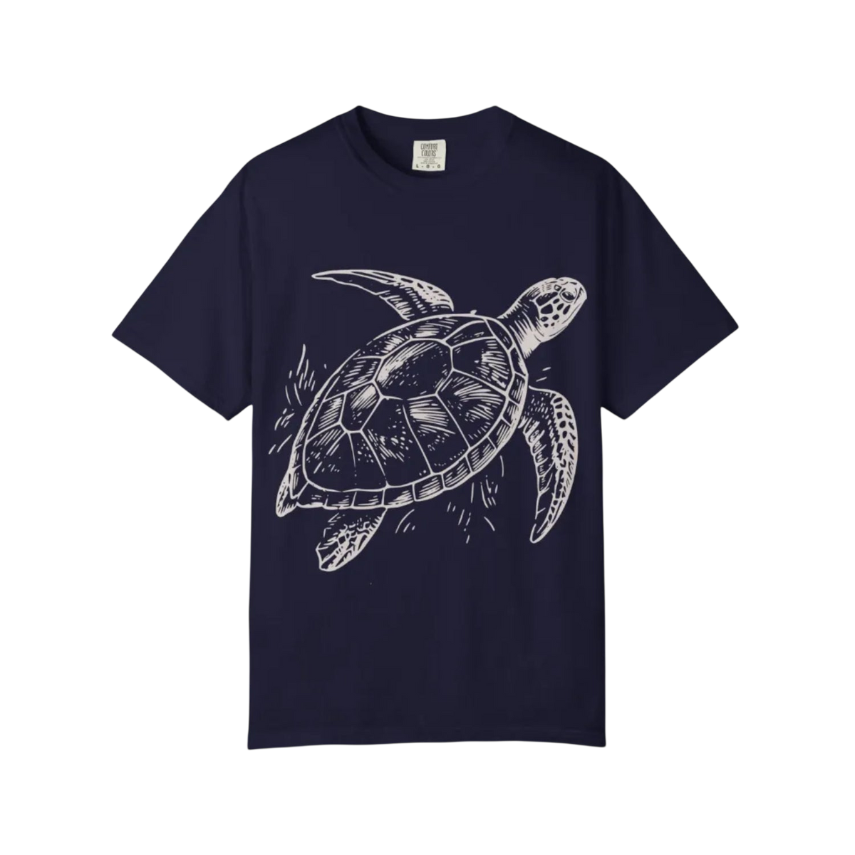 A navy blue short-sleeve crewneck t-shirt featuring a detailed white line art graphic of a sea turtle on the front, displayed against a solid white background.