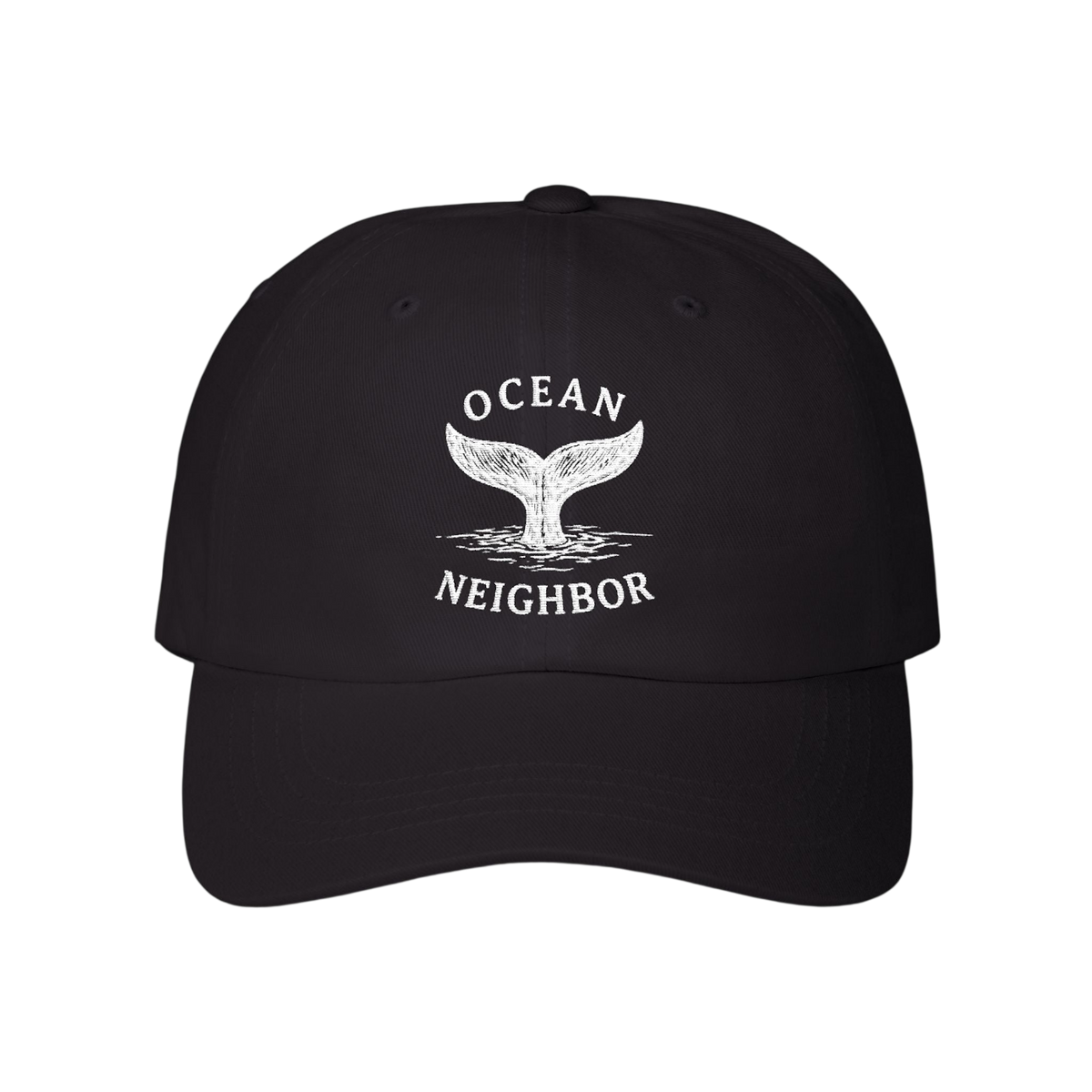 A black baseball cap with a white embroidered whale tail graphic and the words 'OCEAN NEIGHBOR' on the front, shown against a plain white background.