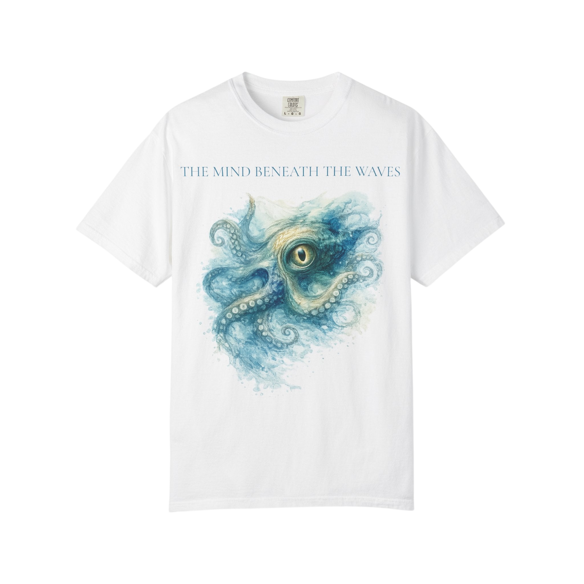A white short-sleeve crewneck t-shirt featuring a graphic print of a blue and green octopus with the text 'THE MIND BENEATH THE WAVES' printed above it.