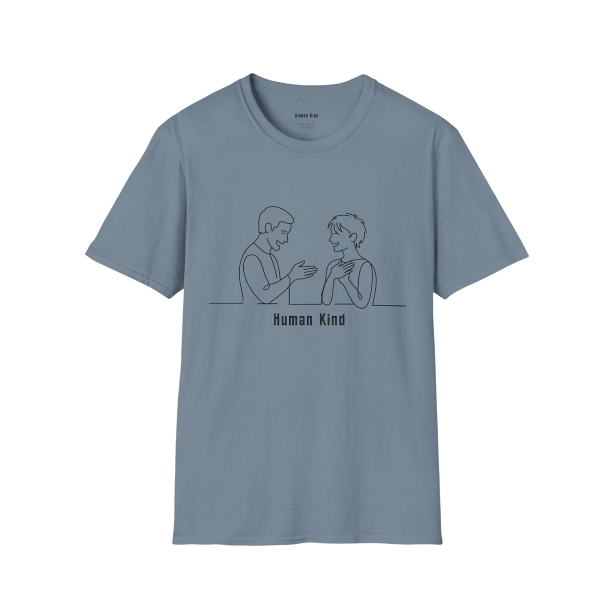 A light blue crewneck t-shirt with a minimalist black line art graphic of two people sitting at a table, with the text 'Human Kind' printed below, shown on a plain white background.