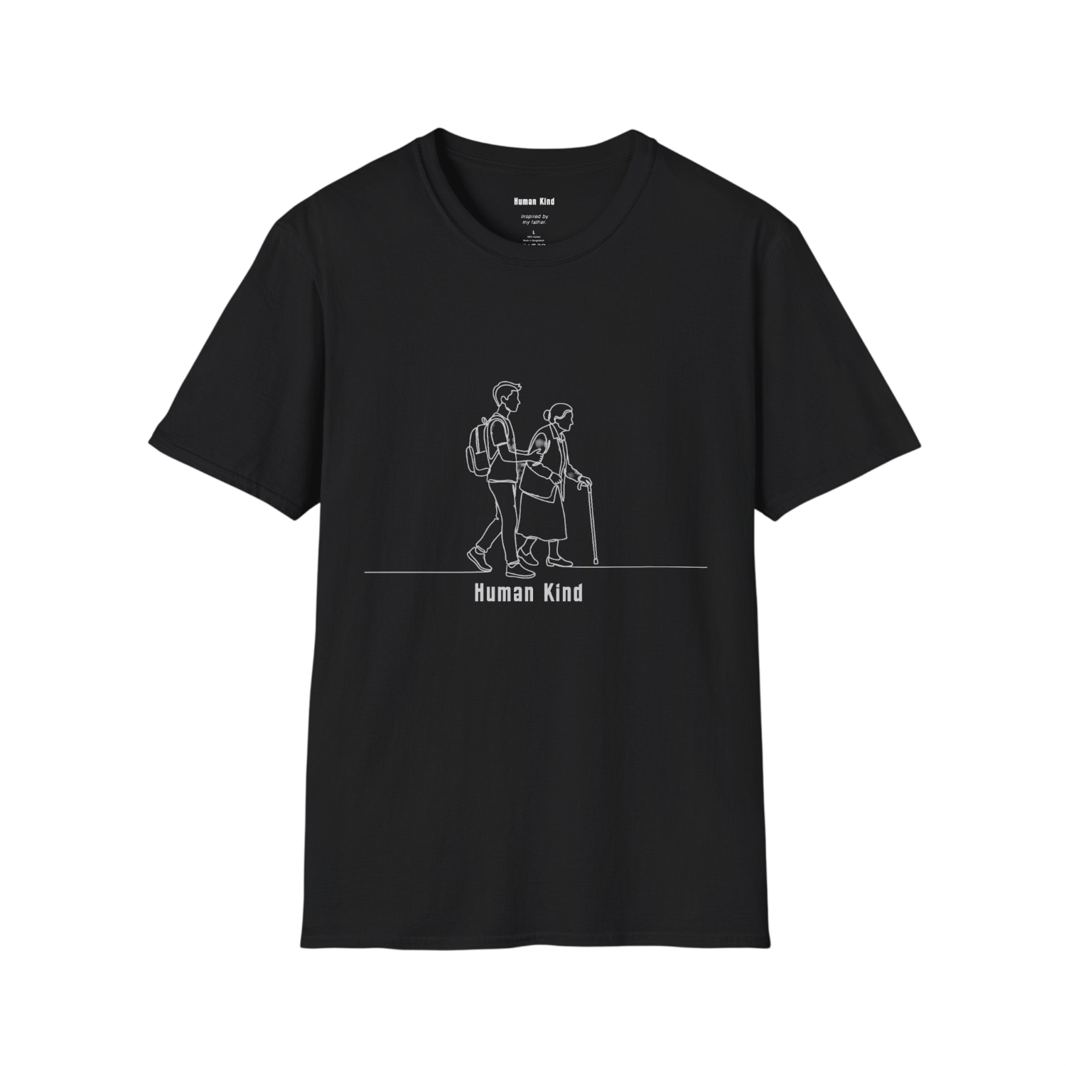 A black short-sleeve crewneck t-shirt with a minimalist white line art graphic of two people walking, with the text 'Human Kind' printed below, shown on a plain white background.
