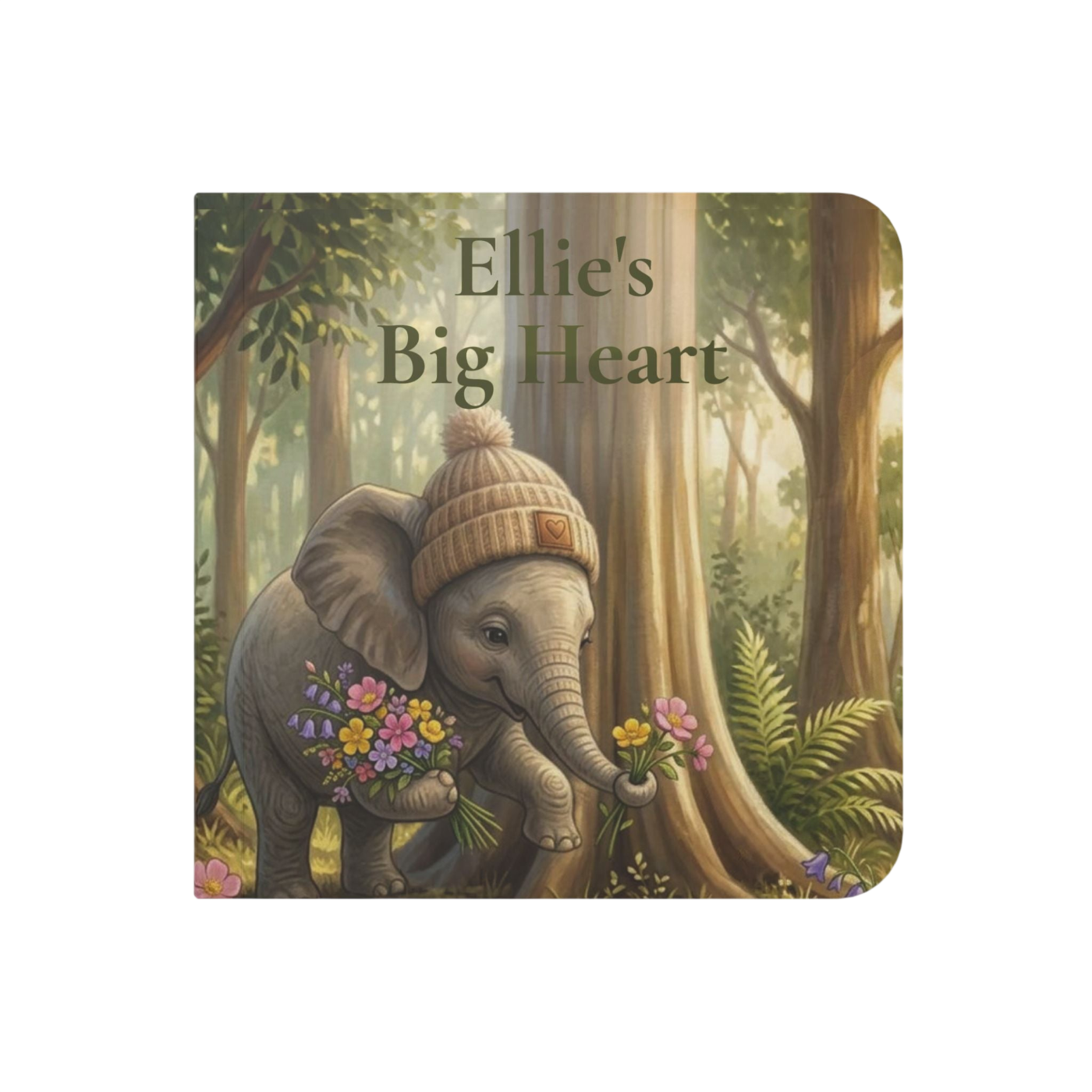 A square book cover or printed artwork titled "Ellie's Big Heart," showing a baby elephant in a knit hat standing in a forest and holding flowers. The cover is centered on a plain white background.