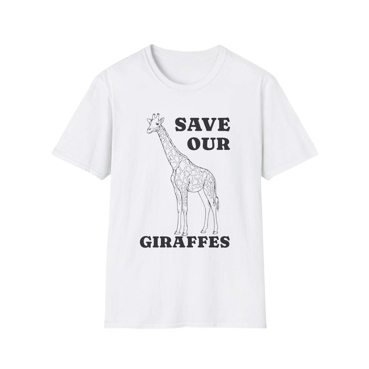 A white short-sleeve crewneck t-shirt featuring a black line art illustration of a giraffe with the text 'SAVE OUR GIRAFFES' printed on the front.