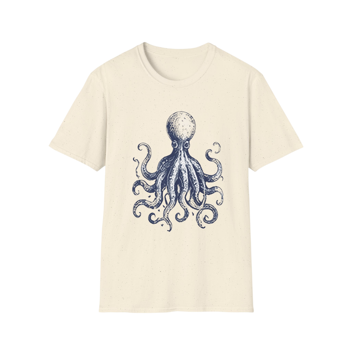 An off-white crewneck t-shirt featuring a detailed blue octopus graphic printed on the chest, displayed against a solid white background.