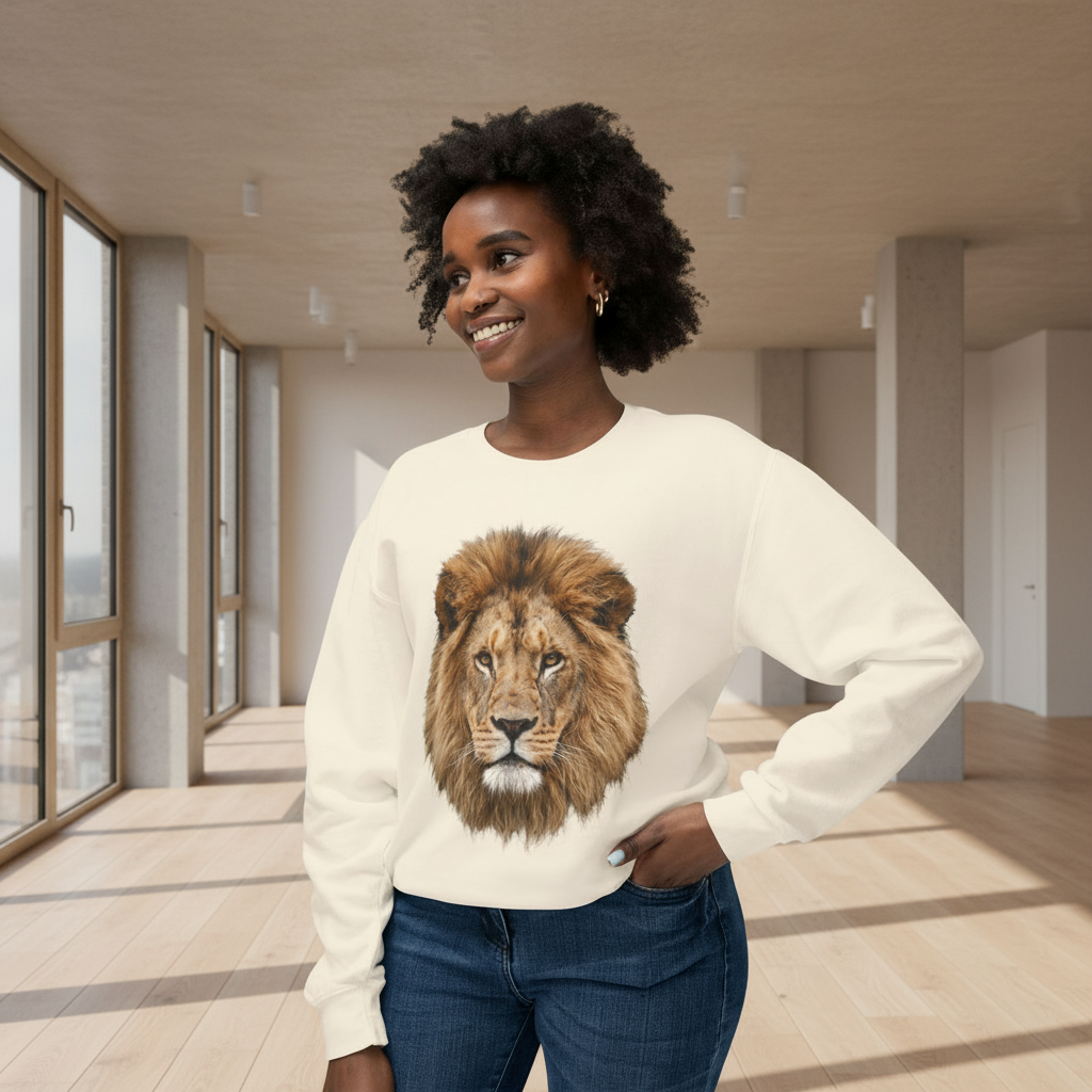 A woman wearing a cream-colored crewneck sweatshirt with a detailed graphic print of a lion's face on the front, paired with blue jeans, set against a plain white background.
