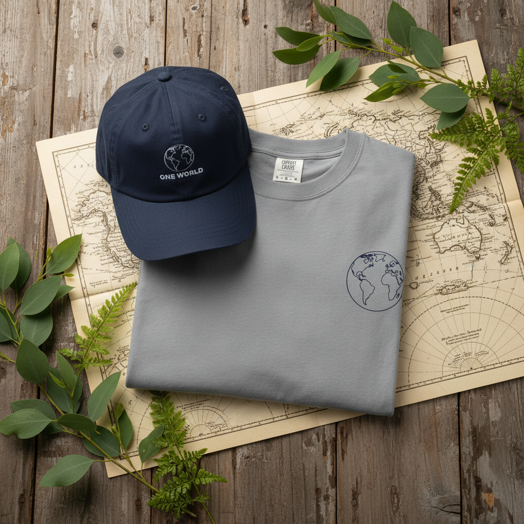 A folded gray T-shirt and a navy baseball cap displayed together on a white background. Both items feature a small embroidered globe graphic and the text 'ONE WORLD' on the front.