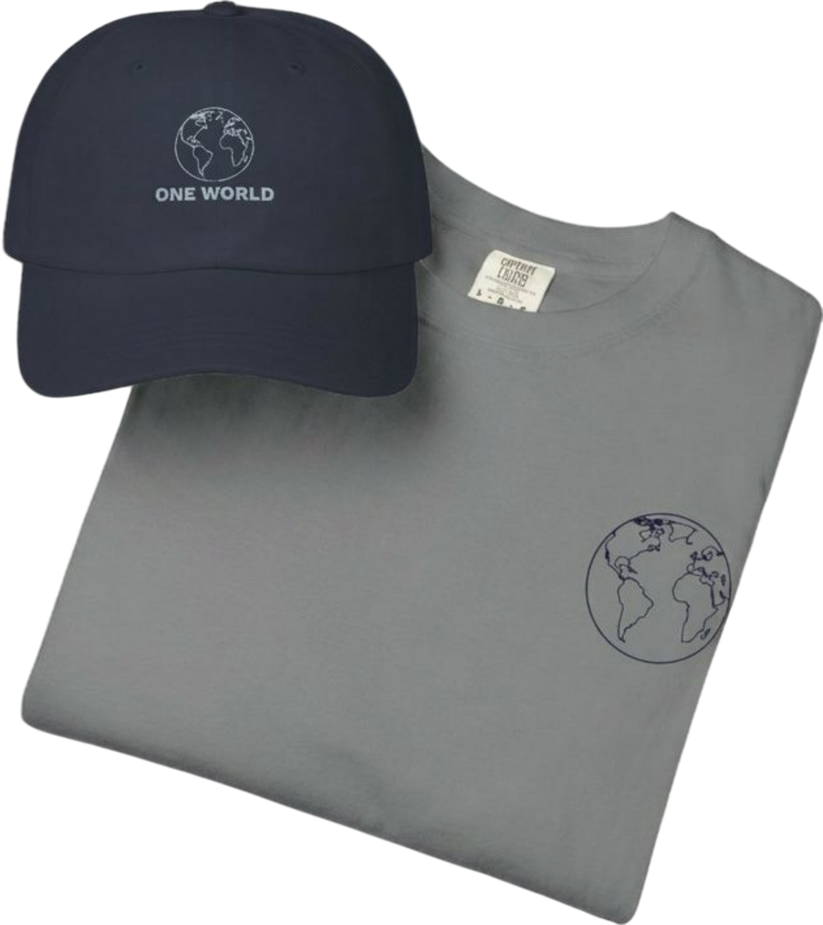 A folded gray T-shirt and a navy baseball cap displayed together on a white background. Both items feature a small embroidered globe graphic and the text 'ONE WORLD' on the front.