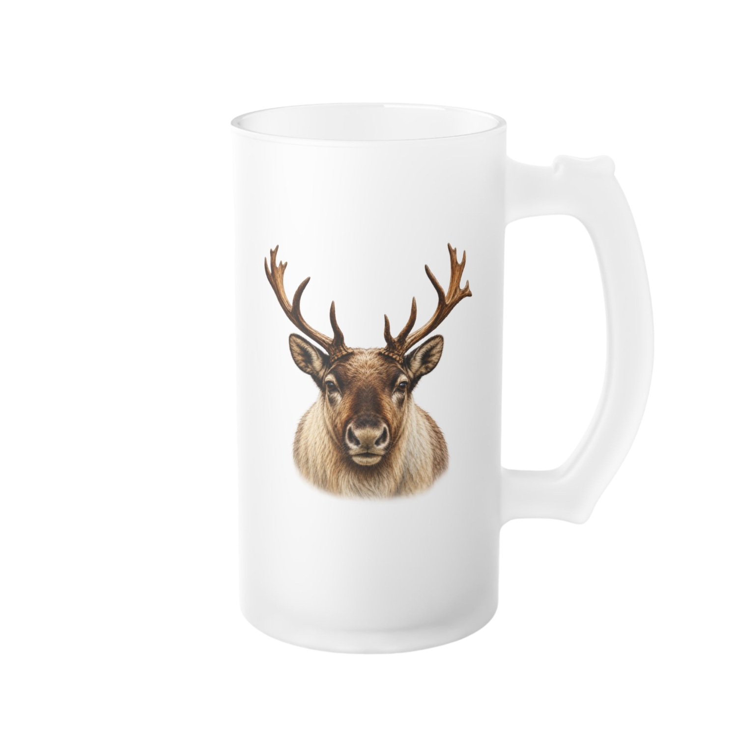 A frosted glass beer mug with a handle, featuring a detailed graphic print of a reindeer head with antlers on the front, set against a plain white background.