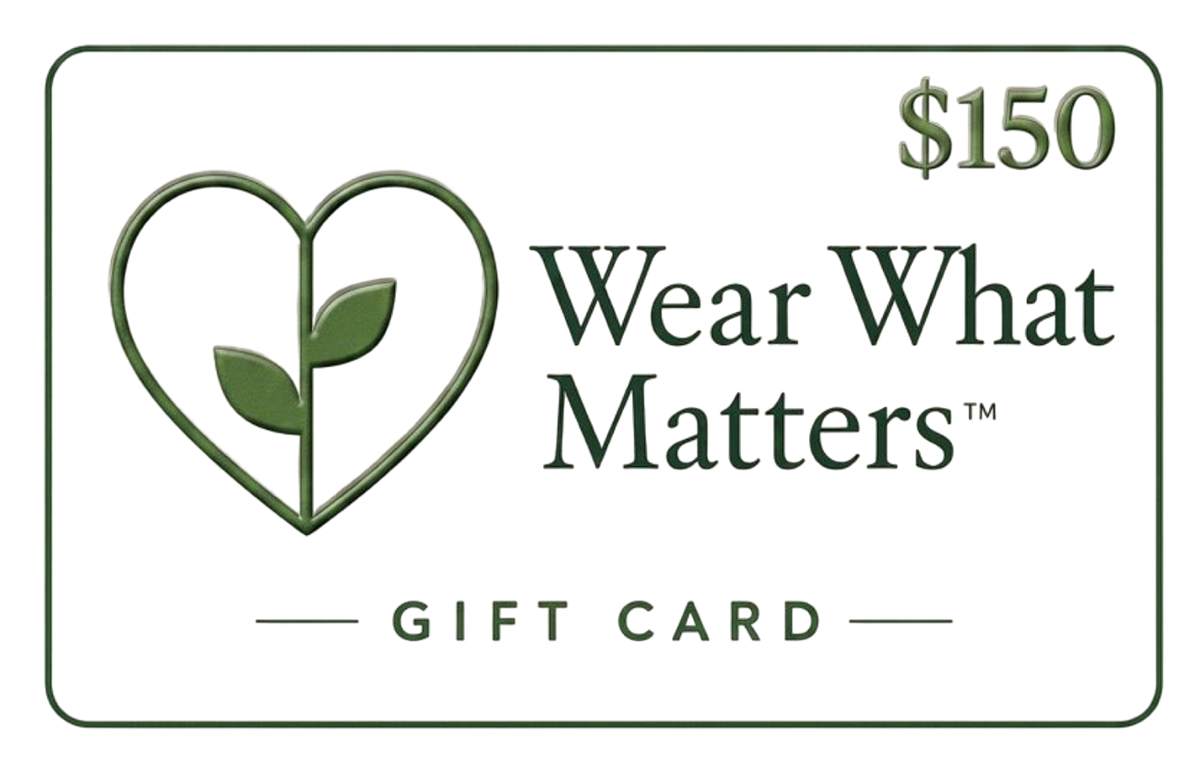 $150 Wear What Matters gift card with a green heart-and-leaf logo and dark green text on a white background.