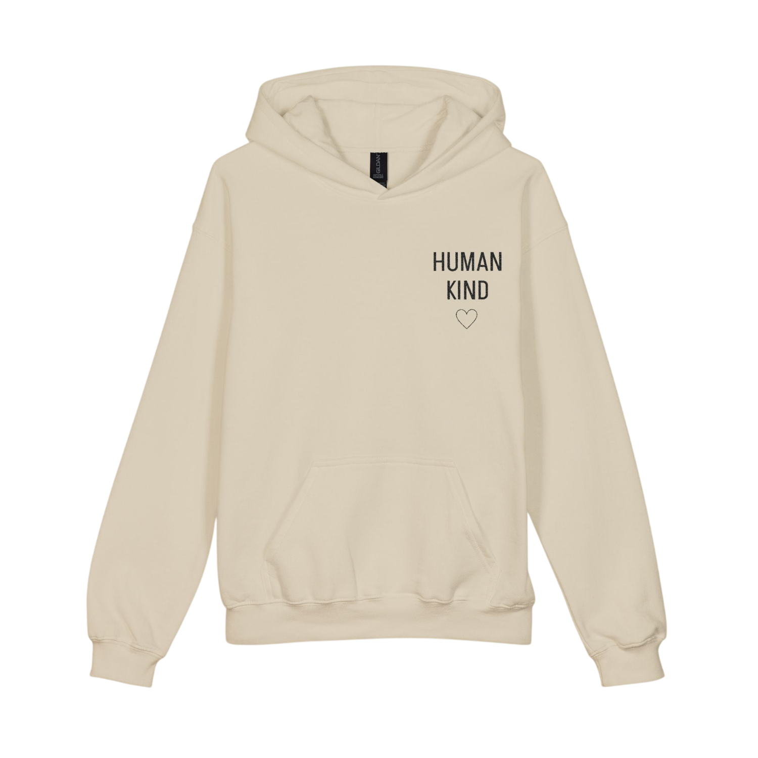 A cream-colored pullover hoodie with 'HUMAN KIND' printed in black on the left chest, accompanied by a small heart outline, shown against a plain white background.