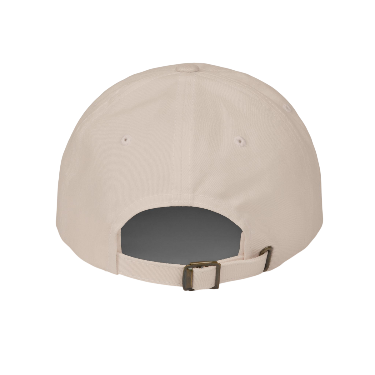 Rear view of a light beige baseball cap with an adjustable strap and metal buckle, isolated on a white background.