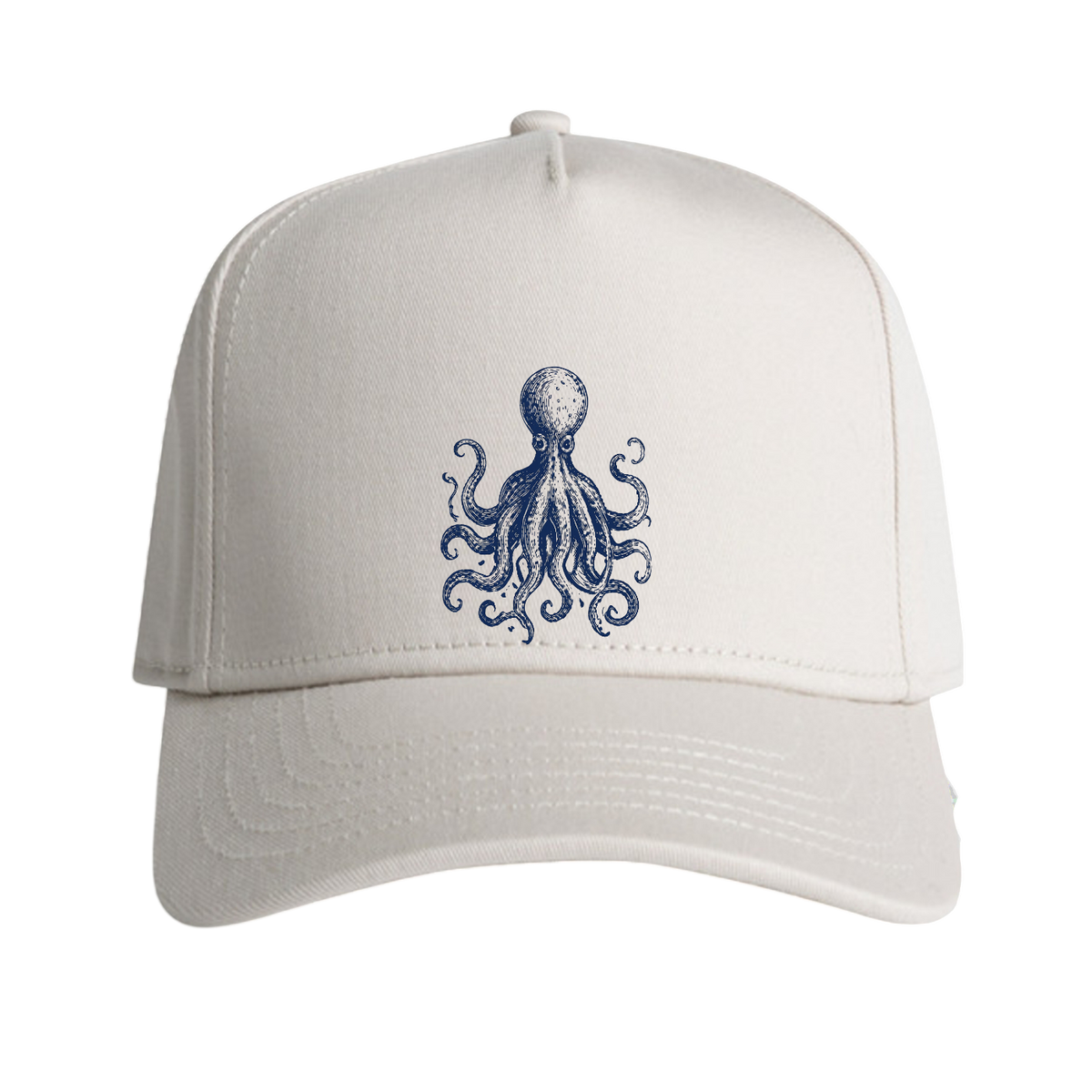 An off-white baseball cap featuring a navy blue embroidered octopus design on the front, set against a plain white background.