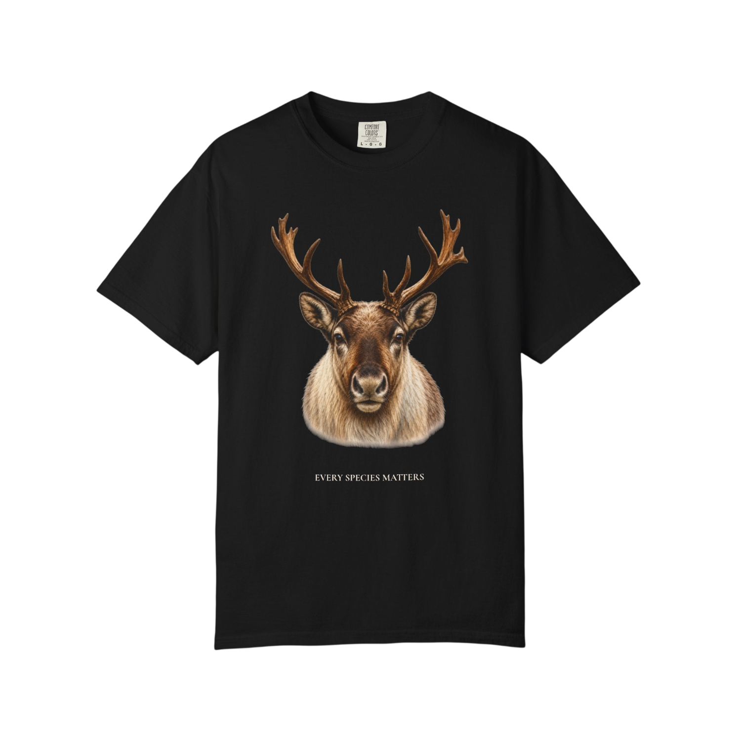 A black short-sleeve crewneck t-shirt featuring a detailed graphic of a reindeer head with large antlers and the text 'EVERY SPECIES MATTERS' printed below it, displayed on a solid white background.