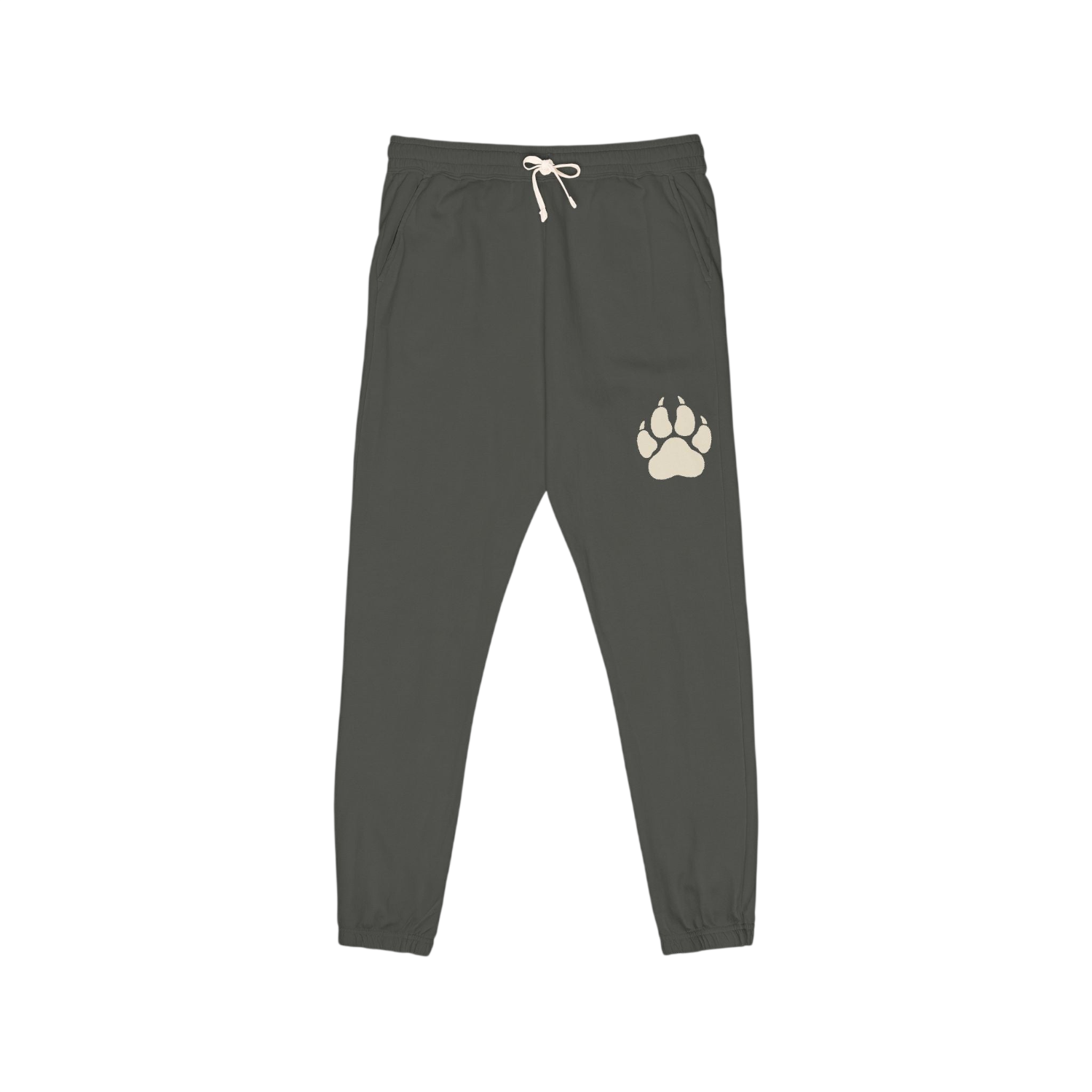 Dark gray jogger pants with a beige paw print graphic on the left thigh and a white drawstring waist, shown flat on a white background.