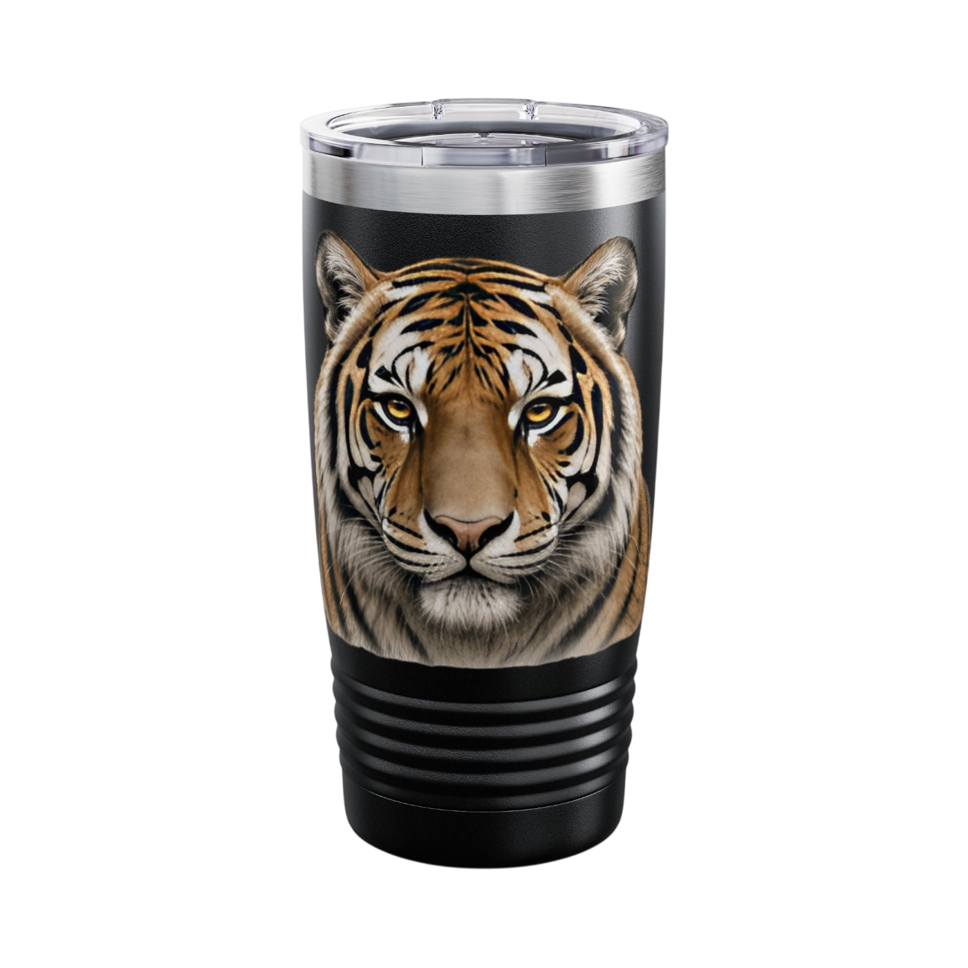A black insulated travel tumbler with a clear lid, featuring a realistic printed tiger face graphic on the front, set against a plain white background.