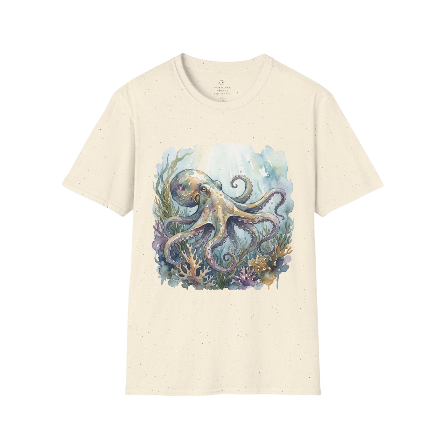An off-white short-sleeve t-shirt with a colorful watercolor graphic of an octopus underwater, displayed on a clean white background.