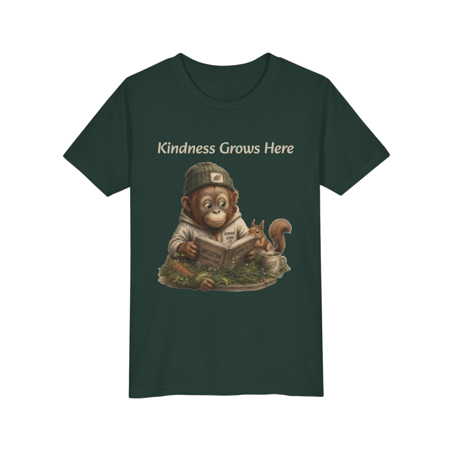 A dark green short-sleeve t-shirt with a graphic of a monkey wearing a cap and reading a book next to a squirrel, with the text 'Kindness Grows Here' printed above.