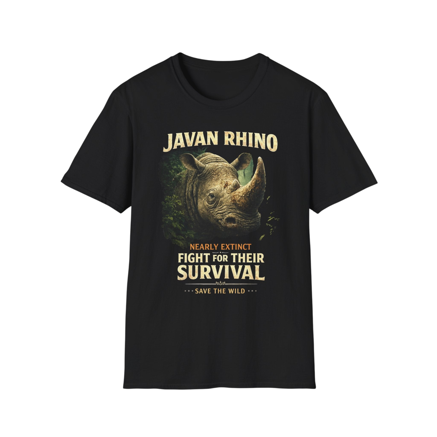 A black short-sleeve crewneck t-shirt featuring a graphic print of a Javan Rhino with the text 'JAVAN RHINO' and 'NEARLY EXTINCT FIGHT FOR THEIR SURVIVAL' in a distressed gold and green font.