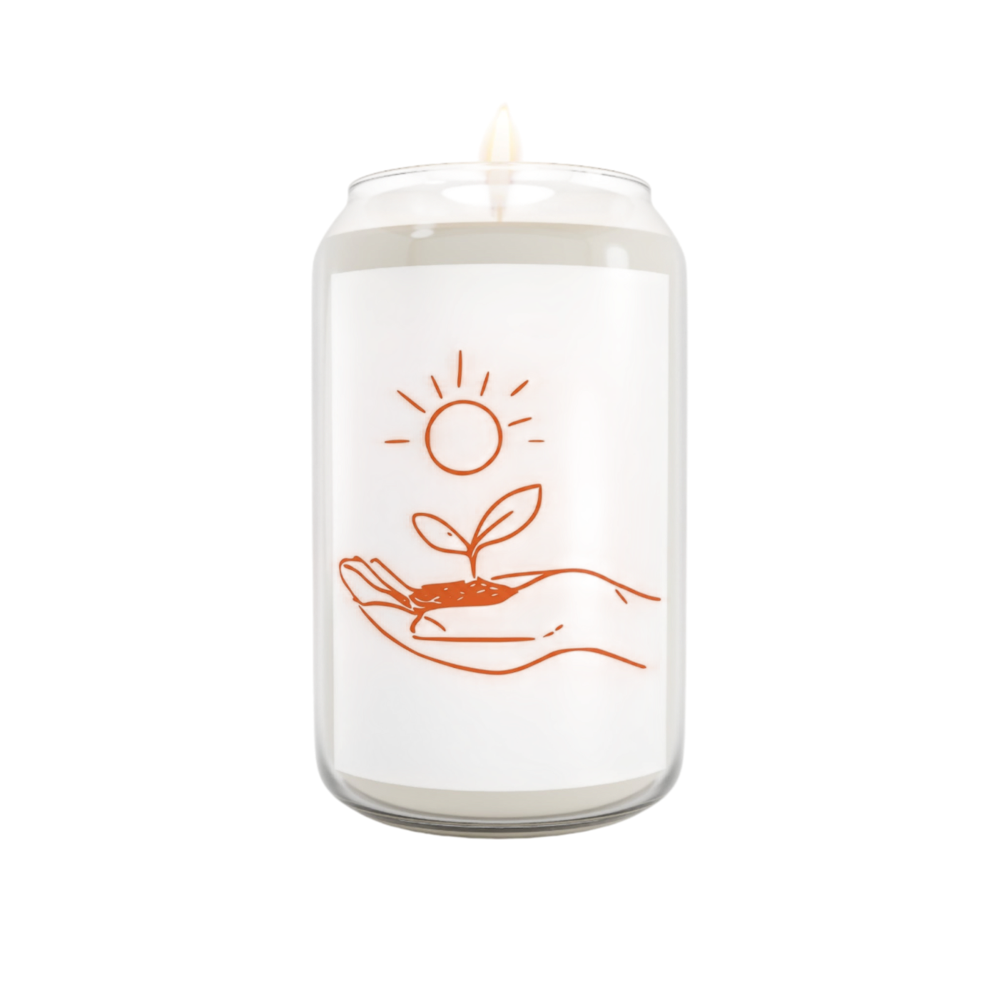 A white jar candle with a single wick, featuring an orange line art graphic of a hand holding a small sprout under a sun, set against a plain white background.