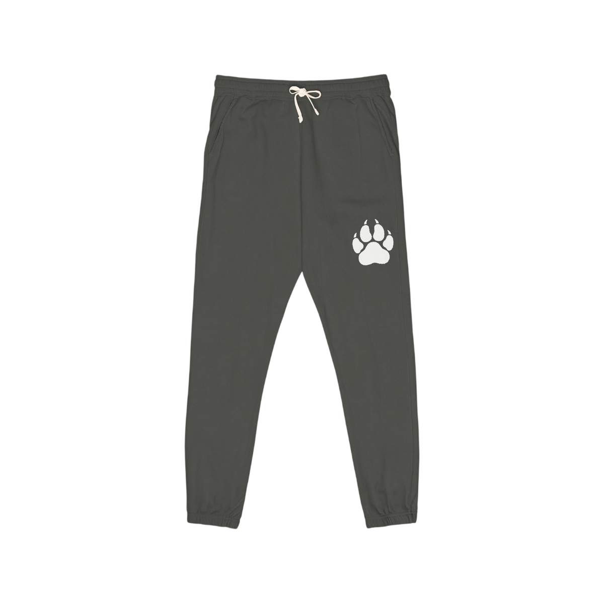 Dark gray jogger pants with a white paw print graphic on the left thigh and a white drawstring waist, shown flat on a white background.