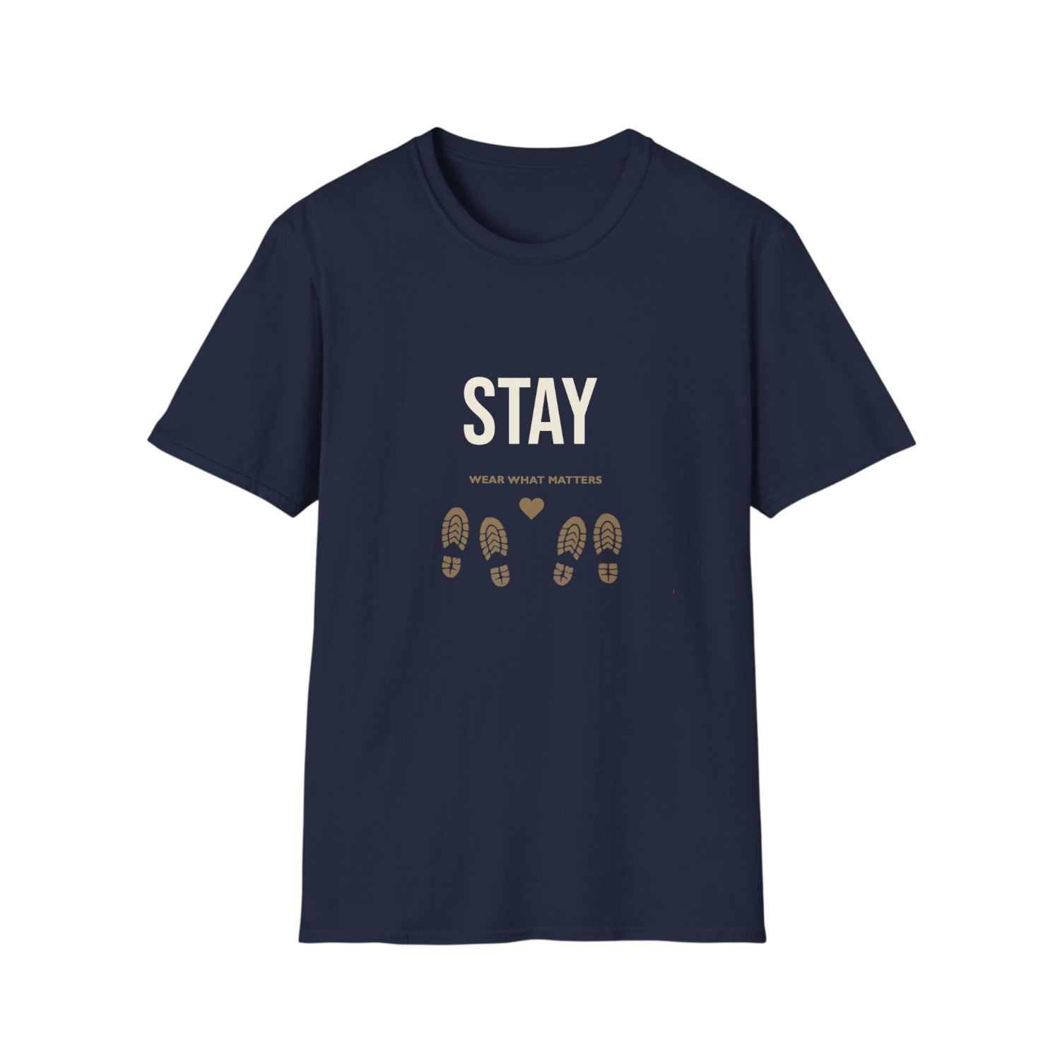 A navy blue short-sleeve crewneck t-shirt with a graphic on the front. The graphic features the word 'STAY' in white block letters, the phrase 'WEAR WHAT MATTERS' in smaller white text, four brown boot prints arranged in a row, and a small brown heart above them.