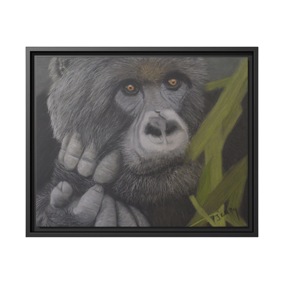 A framed charcoal-style portrait painting of a gorilla with gray and black fur, green leaves, and a black frame on a white background.