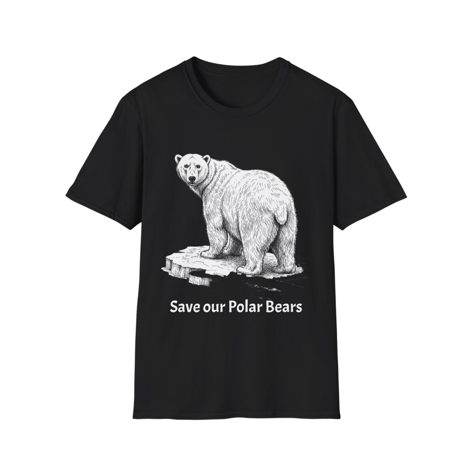 A black short-sleeve crewneck t-shirt featuring a white line art graphic of a polar bear standing on ice with the text 'Save our Polar Bears' printed below, displayed on a solid white background.
