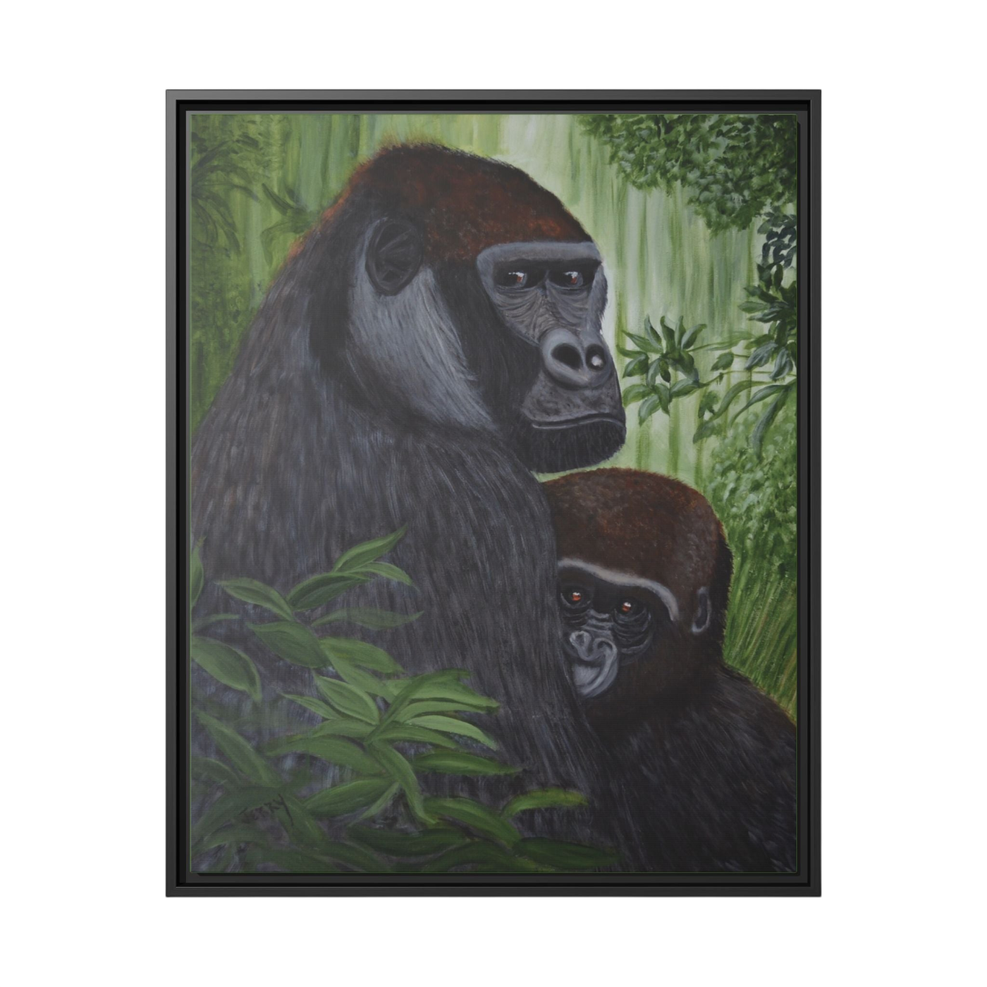 A framed painting of an adult gorilla and a baby gorilla in a lush green jungle setting, enclosed in a black frame against a white background.