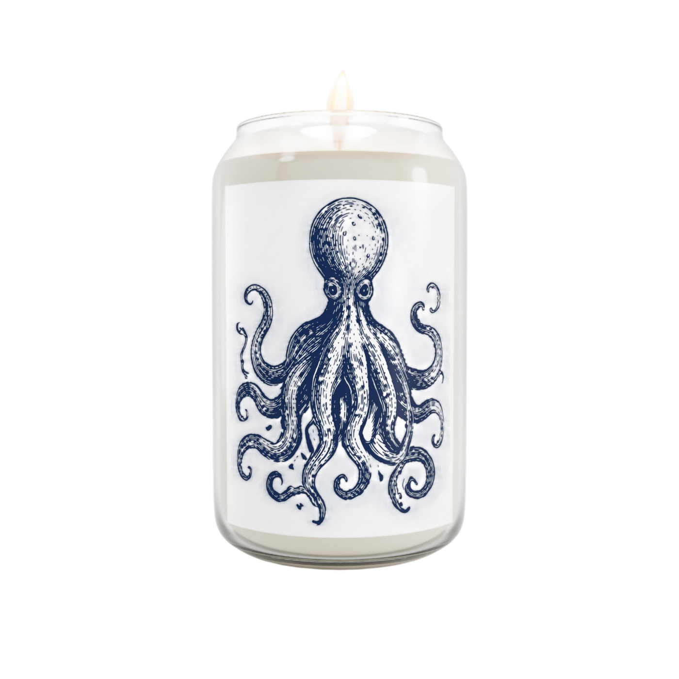 A white jar candle with a single wick, featuring a detailed navy blue octopus illustration printed on the front, set against a plain white background.