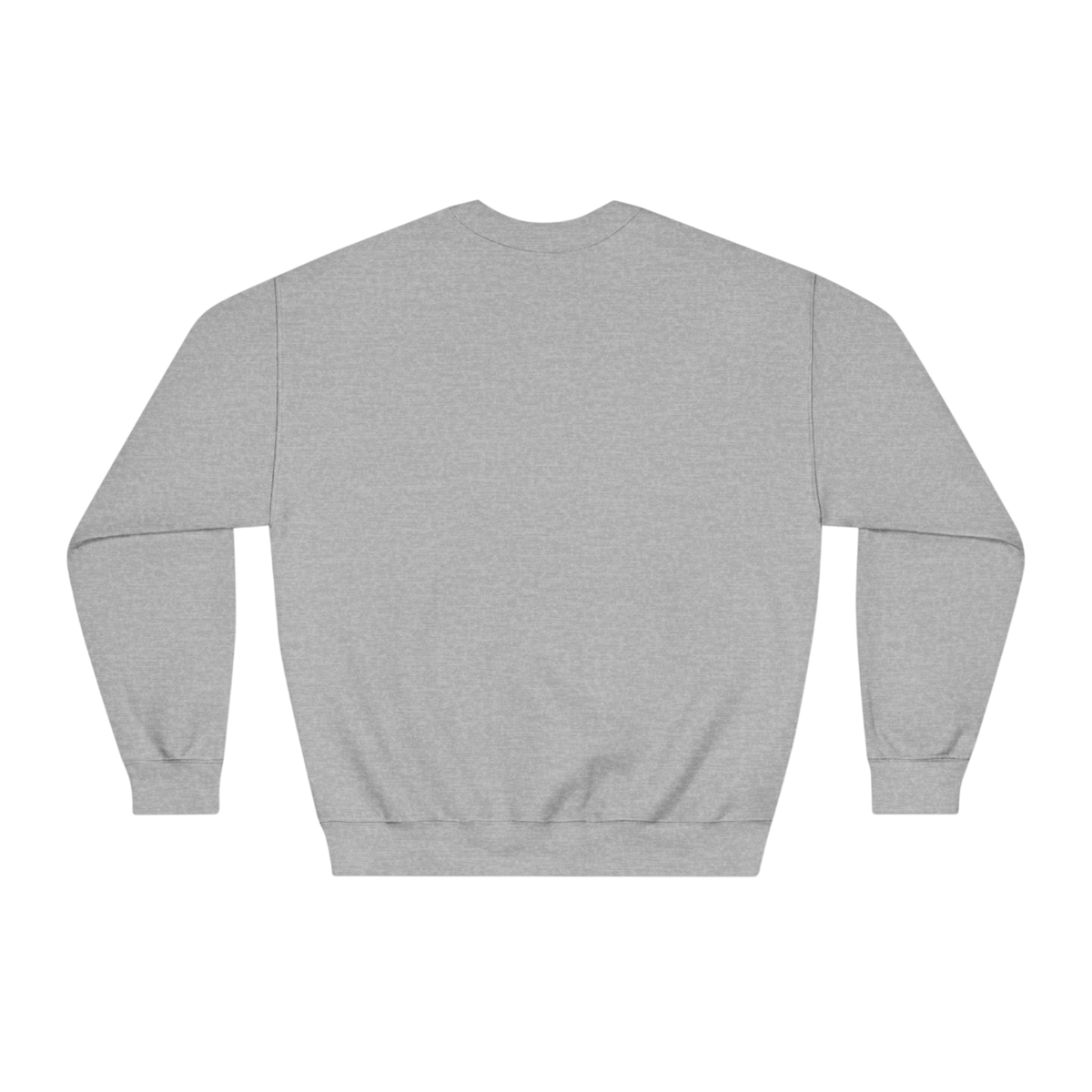 A light gray heather crewneck sweatshirt shown from the back, laid flat against a solid white background.