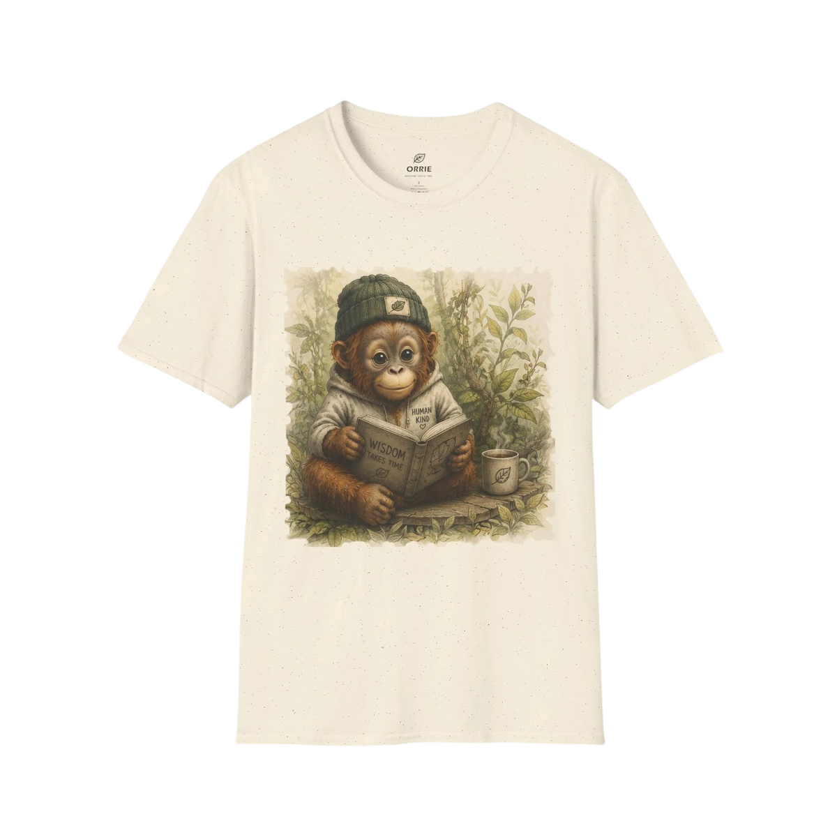 An off-white crewneck t-shirt featuring a vintage-style graphic print of a baby chimpanzee wearing a green cap and reading a newspaper.