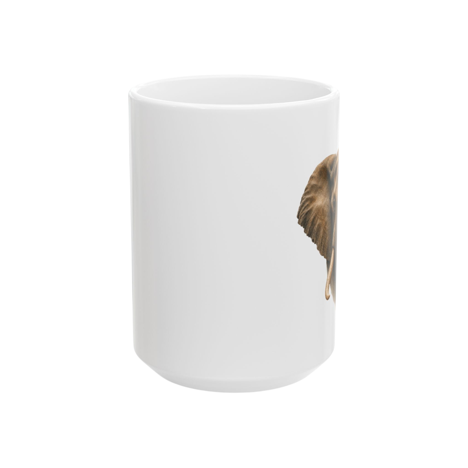 A white ceramic mug featuring a partial graphic illustration of an elephant's ear and body in brown tones on the right side, shown against a plain white background.