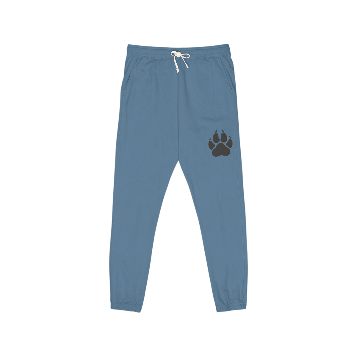 Blue jogger pants with a white drawstring and a dark brown paw print graphic on the left thigh, shown against a plain white background.