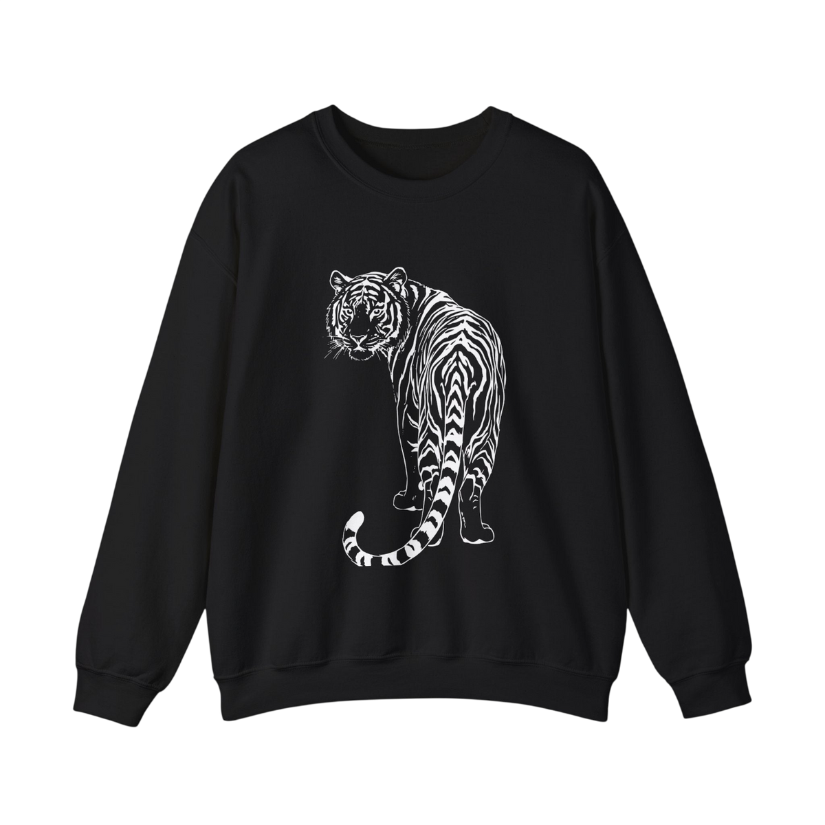 A black crewneck sweatshirt featuring a white line art graphic of a tiger on the front, displayed against a solid white background.