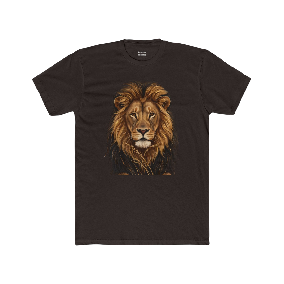 A dark brown short-sleeve crewneck t-shirt featuring a detailed graphic print of a lion's face on the chest, displayed flat against a solid white background.