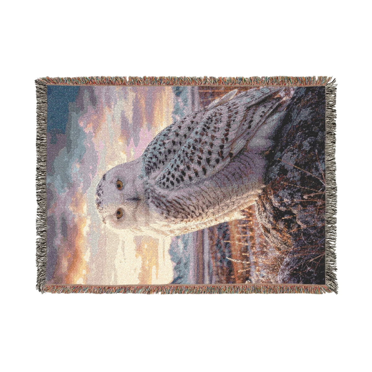Snowy Owl Woven Blanket – Scenic Sunset 100% Cotton Wildlife Throw