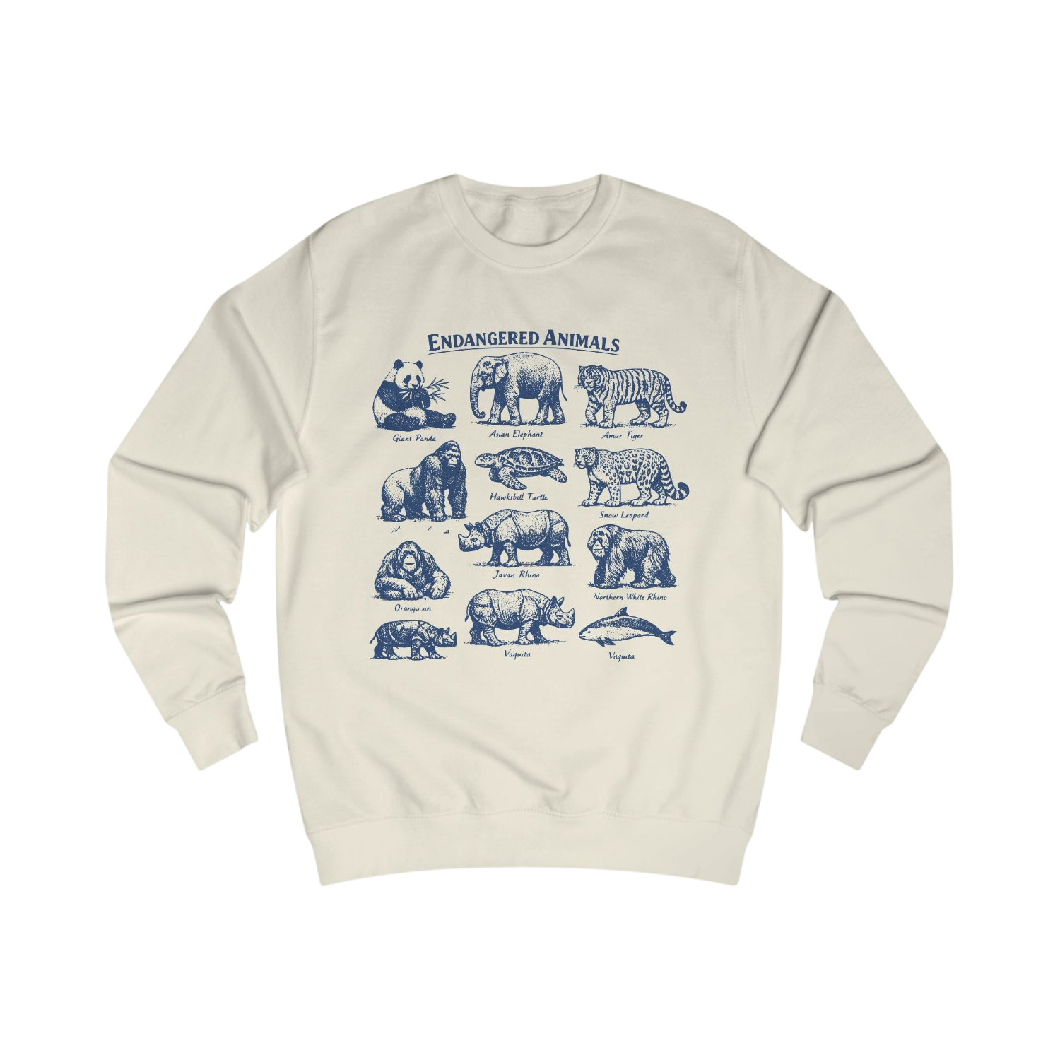An off-white crewneck sweatshirt featuring a blue graphic print titled 'ENDANGERED ANIMALS' with various animal illustrations and names, shown against a plain white background.