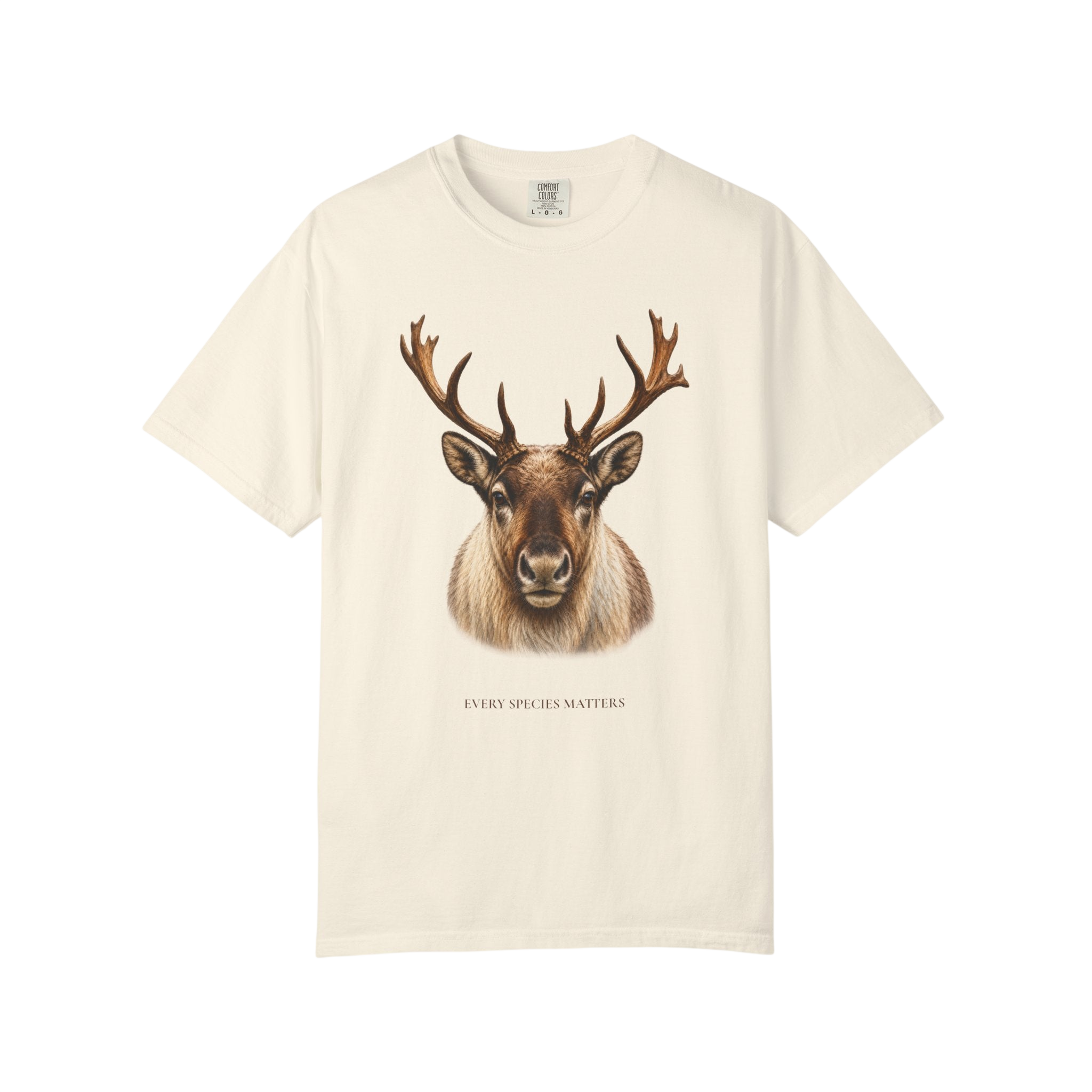 An off-white short-sleeve t-shirt featuring a detailed graphic print of a caribou reindeer head with large antlers, and the text 'EVERY SPECIES MATTERS' printed below the graphic.