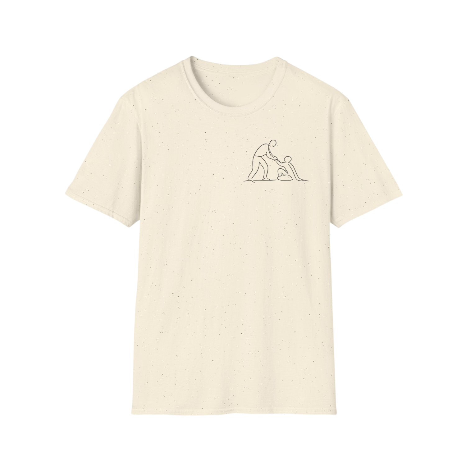 An off-white crewneck t-shirt with a minimalist black line art graphic on the left chest depicting a figure helping another sit down, shown against a plain white background.