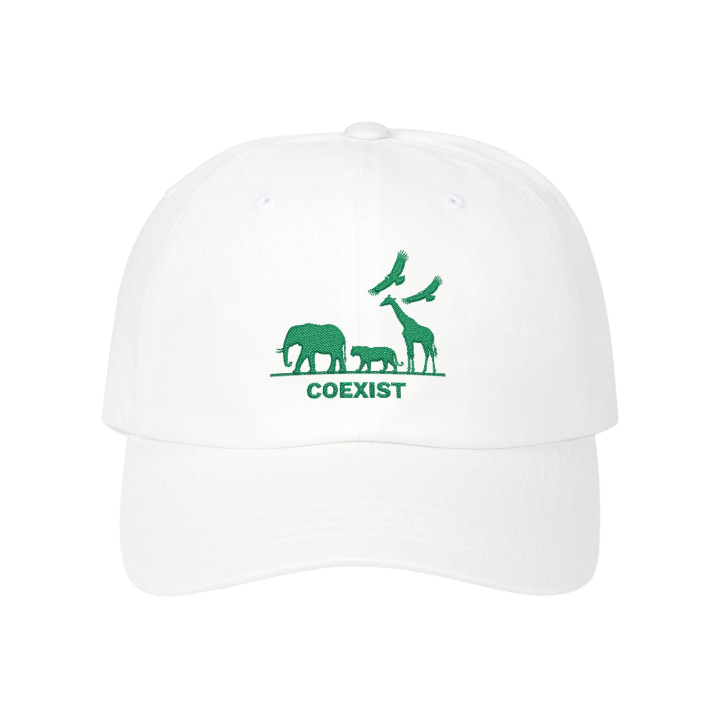 A white baseball cap featuring a green graphic of an elephant, baby elephant, giraffe, and birds above the word 'COEXIST' printed in green on the front.
