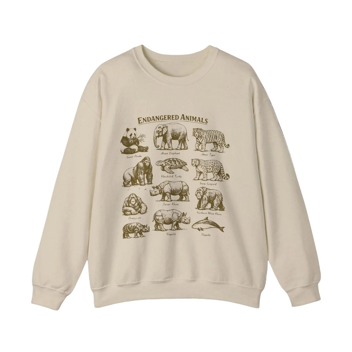 A beige crewneck sweatshirt featuring a dark brown graphic print titled 'ENDANGERED ANIMALS' with illustrations of various endangered species including a panda, elephant, tiger, rhinoceros, and shark.