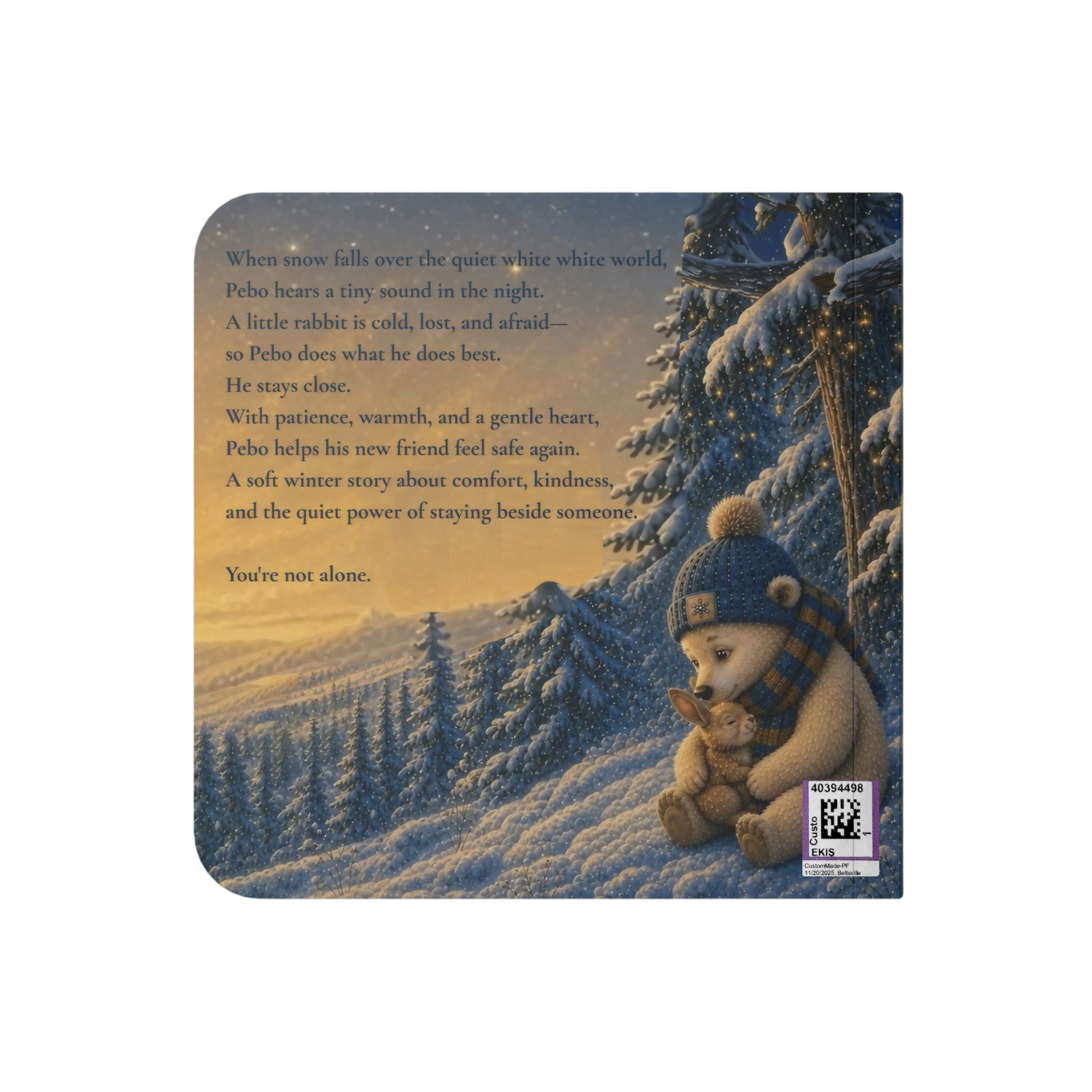 A square book or card with rounded corners featuring a winter scene illustration and a poem about a little rabbit and its friend. The artwork shows a snowy forest, pine trees, and a bear hugging under a decorated Christmas tree.
