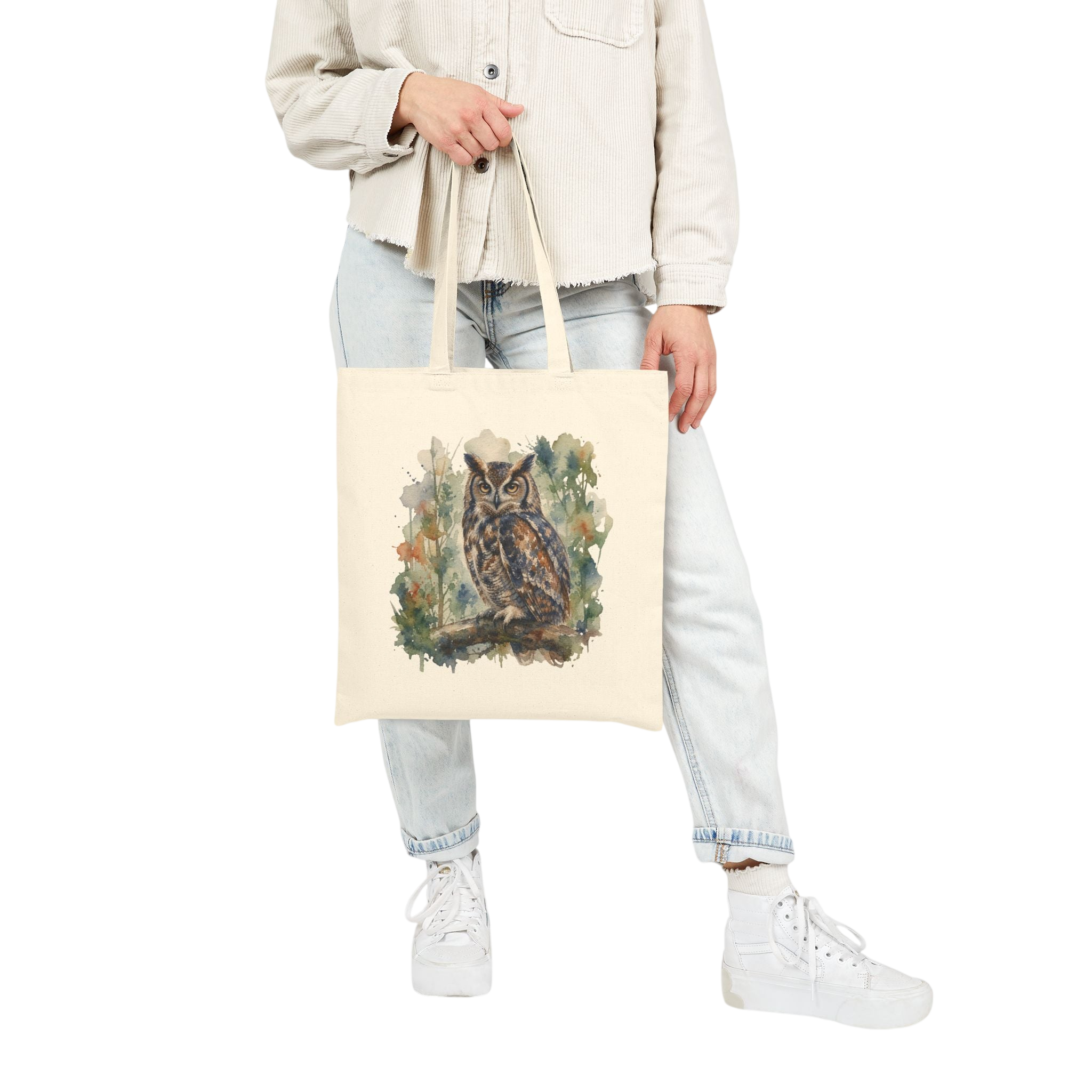 Canvas Tote Bag — Watercolor Owl Forest Illustration