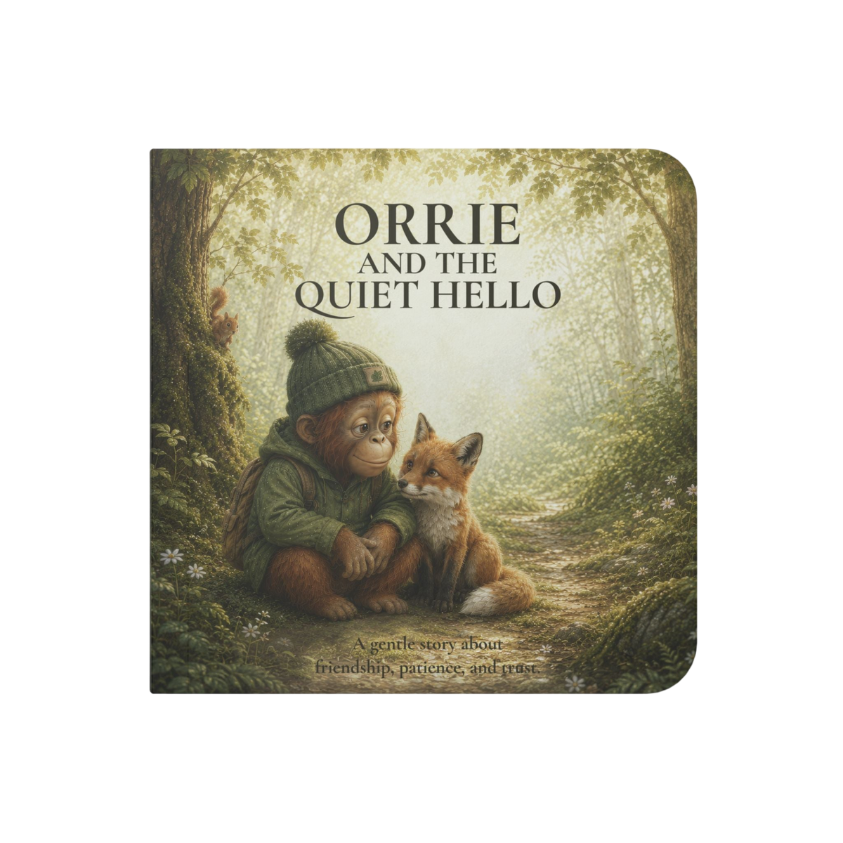 A children's book cover titled "ORRIE AND THE QUIET HELLO" showing an illustrated forest scene with a monkey in a green outfit hugging a fox on a sunlit path. The book has rounded corners and is photographed against a plain white background.