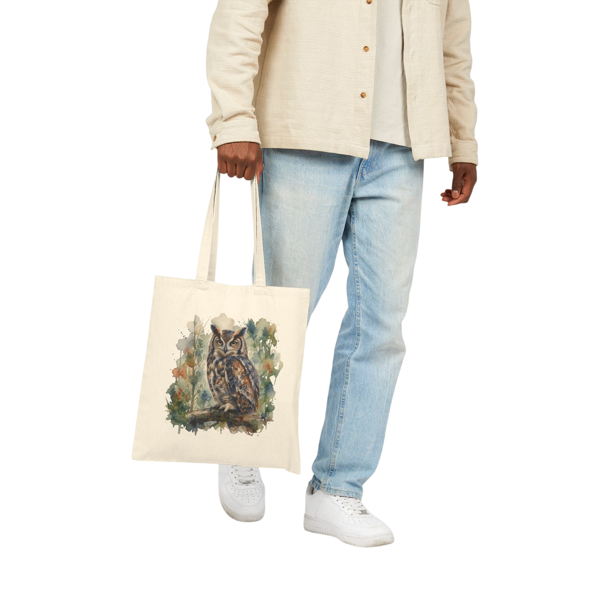 Canvas Tote Bag — Watercolor Owl Forest Illustration