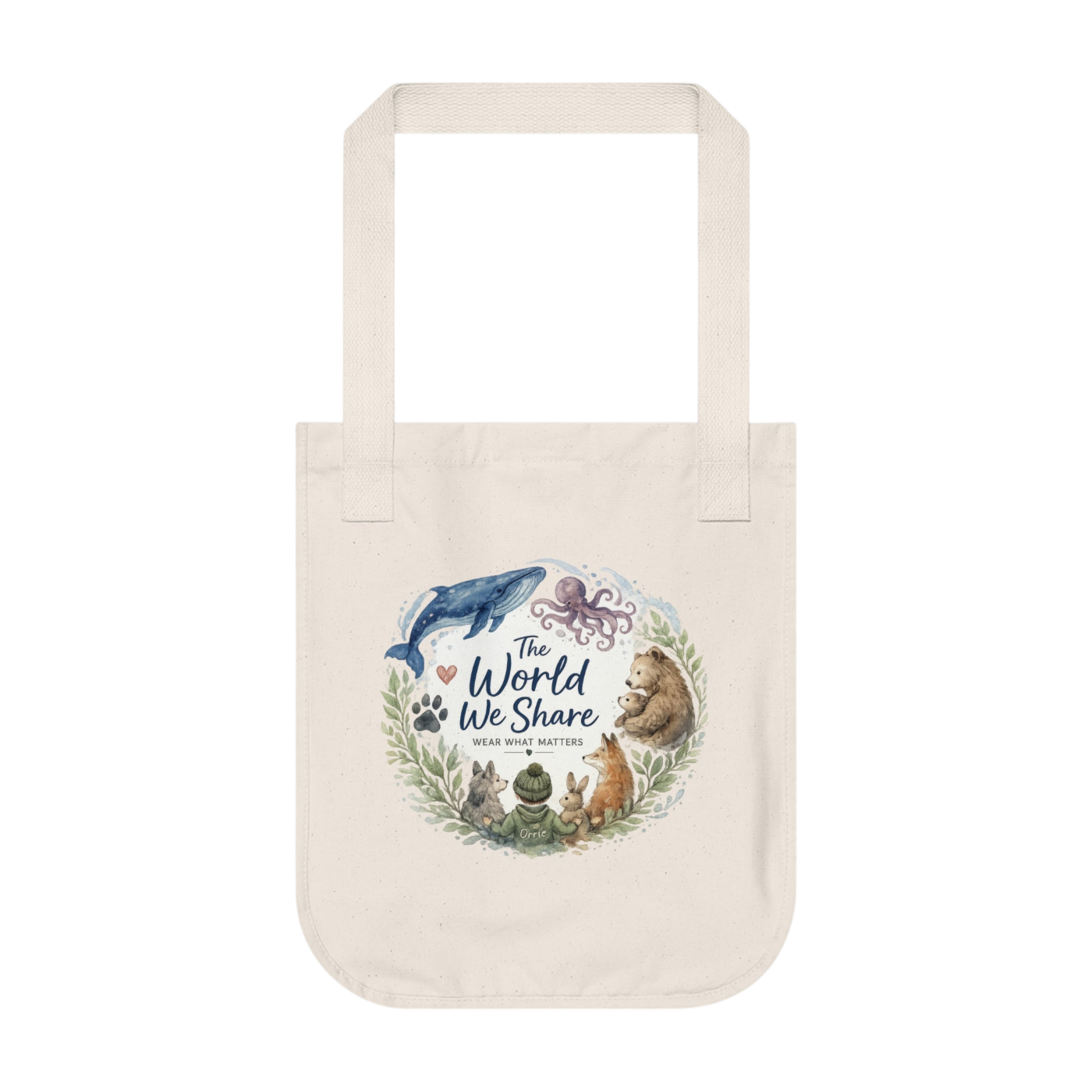 An off-white canvas tote bag with two handles, featuring a circular watercolor illustration of various sea life creatures and the text 'The World We Share' in the center.