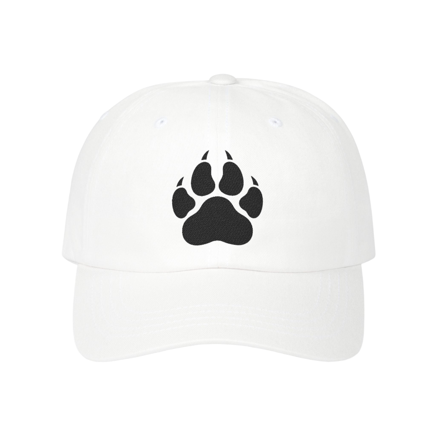 A white baseball cap featuring a black paw print graphic on the front, set against a plain white background.